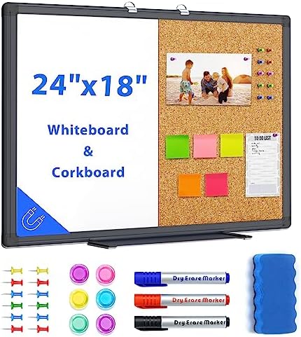 Combination White Board & Bulletin Cork Board 24 x 18 Whiteboard Magnetic, Combo Dry Erase Board with Black Aluminum Frame, 2' x 1.5' Hanging Message Board Wall Mounted for Homeschool Office Classroom