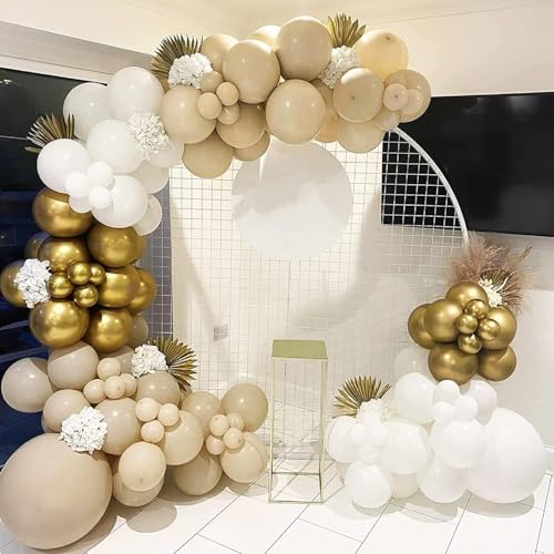 Image of Bliss & Bow Latex Balloon Arch Kit | Sand White, White and Gold Chrome Balloons with Arch Tape, Glue Dots and Happy Birthday Banner for Party Celebration Decor | Ideal Party Decor Set (128 Piece)