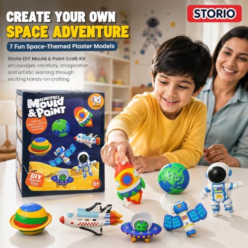 Image of Storio Toys DIY Mould & Paint Craft Kit - Astronauts Space Kids DIY Craft for 5 Years Plaster Figurine Set with Pigments Palette & Mold Painting Art & Craft Set -Gift Toys for 3 to 8 ysMulticolour