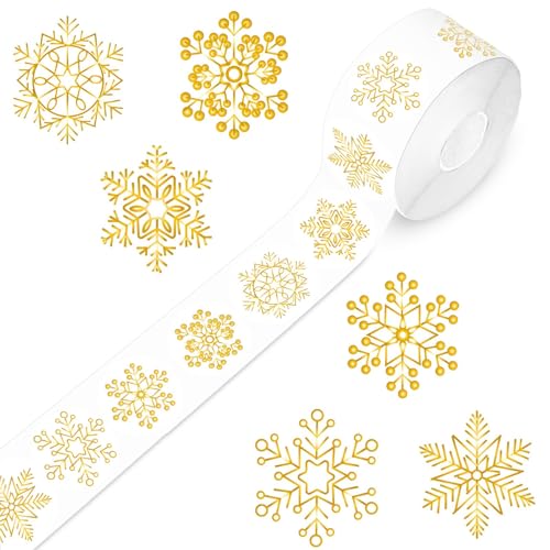 1000pcs gold christmas stickers label roll snowflake holiday labels 1.5in for cards, xmas winter merry christmas gifts envelope decors 6 styles