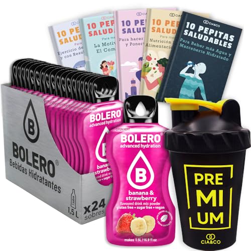 24 x Bebida Bolero BANANA & FRESA Hidratante Sin Azucar (24x9 grs) + 50 Pepitas Saludables para una vida más sana by Cia&Co + 1 Botella mezcladora shaker exclusiva Cia&Co (500 ml)