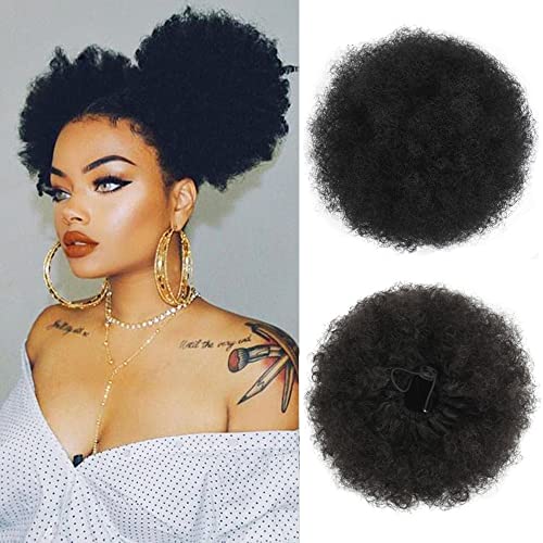 2PCS Afro Bun Puff Sissi's Fashion Hair Elastic Wrap Drawstring Synthetic Curly Ponytail Donut Chignon Hairpieces Wig Updo Hair Extensions with Clips (1B)