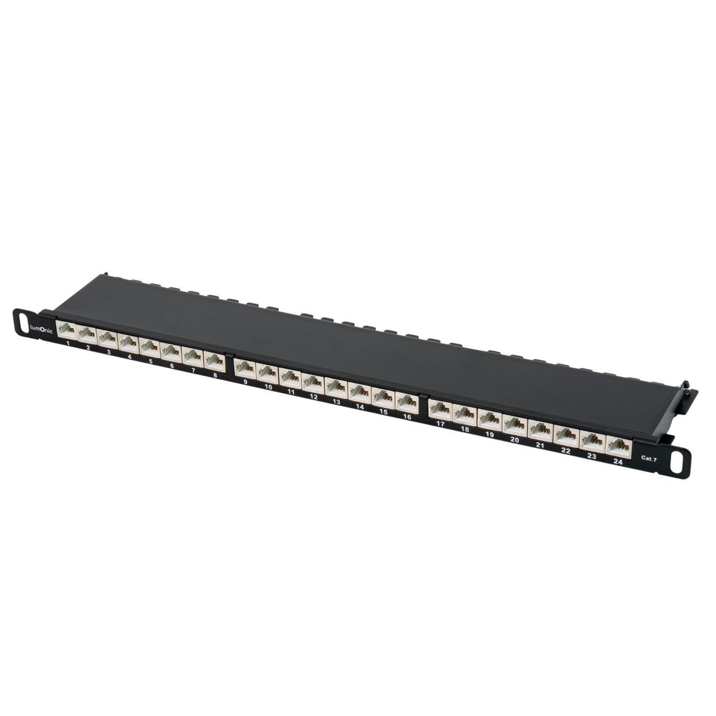 Lumonic 19" Pannello patch CAT7 | 24 Port, Risparmio di spazio 0,5U | Montaggio LSA, codice colore T568A/B | Montaggio a rack | Pannello patch nero schermato | Gestione dei cavi | 10 Gbit/s PoE