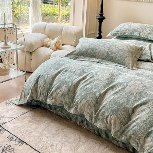 VM VOUGEMARKET Sage Green Duvet Cover Queen with Jacquard Flower Pattern Linen Cotton Yarn-Dyed Textured Duvet/Comfoter Cover Set,Moisture Wicking Retro Bedding Set for Adults
