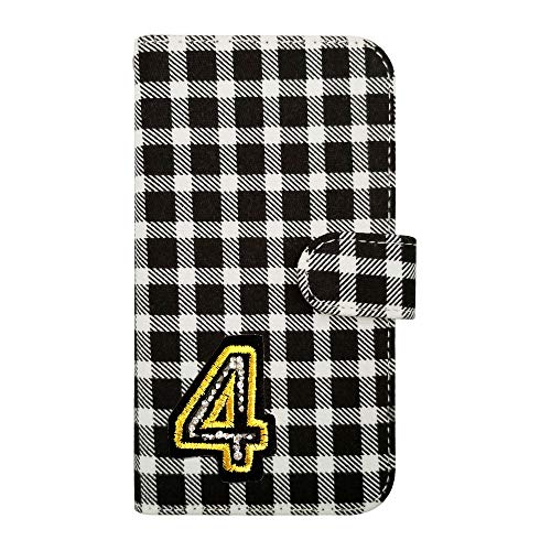 sslink iPhone17 Air アイフォン17エア 対応 手帳型 ケース ナンバー 4 (チェック02) チェック柄 千鳥柄 ファブリック 布 生地 背番号 数字 キラキラ ワッペン ラインストーン デコ 可愛い おしゃれ PUレザー 合皮 ダイア
