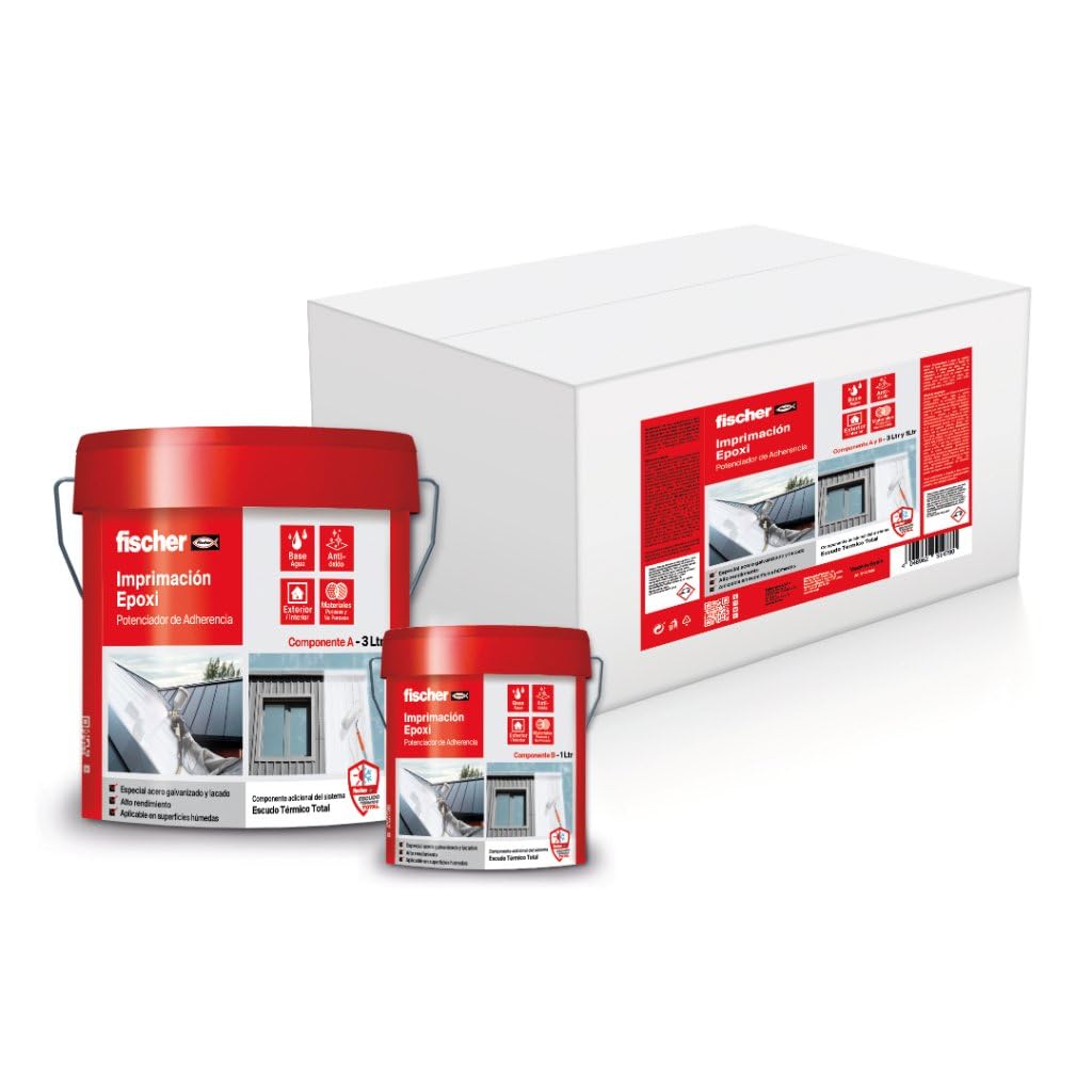fischer - Imprimación Epoxi 3L + 1L, Base Agua, Interior y Exterior, Materiales Porosos y No porosos, Antióxido, Rendimiento 40m2 (4 Litros) Blanco