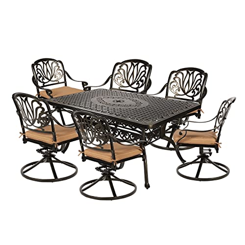 Image of MEETWARM 7-Piece Outdoor Patio Dining Set, All-Weather Cast Aluminum Patio Conversation Set for Backyard Garden Deck with 6 Cushioned Swivel Rocker Chairs, 1 Rectangular Table, 2 inch Umbrella Hole