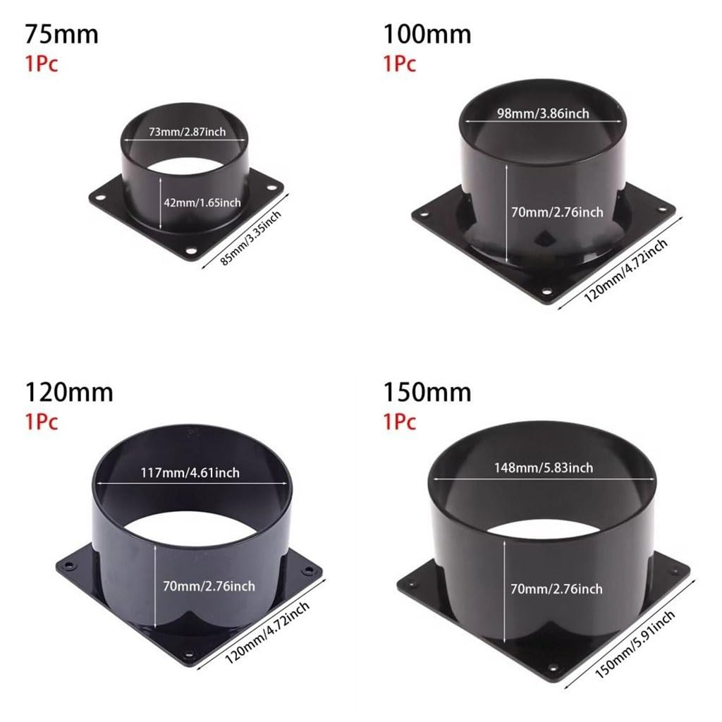 1 connettore a flangia inferiore quadrato nero in ABS resistente, multi-dimensioni 75/100/120/150 mm, adattatore di ingresso e uscita (150 mm)