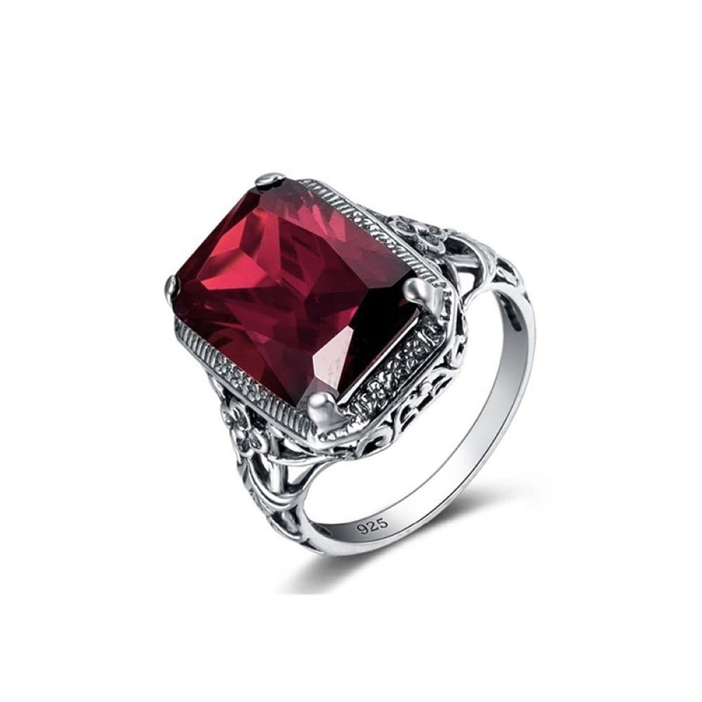 GixaxakRuby Stone Ring 925 Sterling Silver Statement Ring For Women Rings Gemstone Ring Sapphire Women's Ring Hollow Square Emerald Ruby Ring Vintage Red Zircon Engagement Crystal Ring