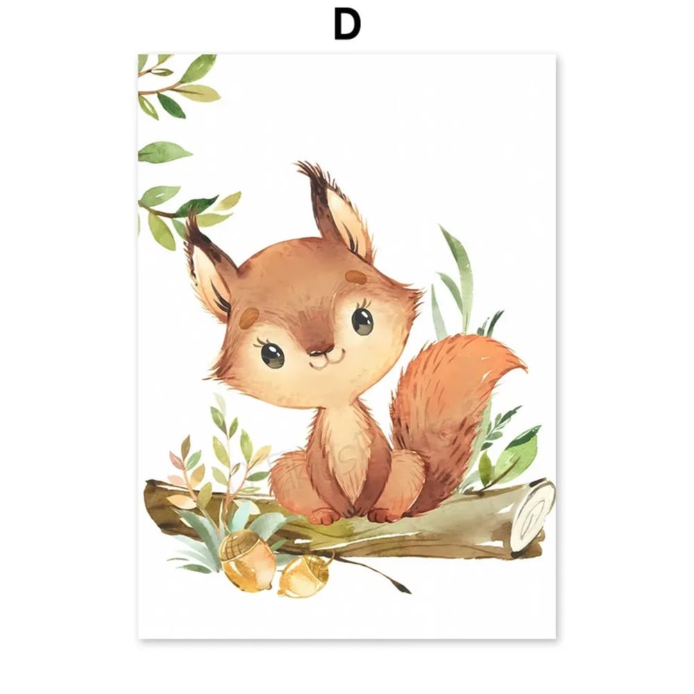 Youihom 6 Quadro Animali Bosco Quadretti Personalizzati Bimba Poster con Lettere del Nome Bambini Stampe Cameretta Neonato Volpe Orso Scoiattolo Cervo Marrone Verde Quadri Tela 21x30 senza Cornice