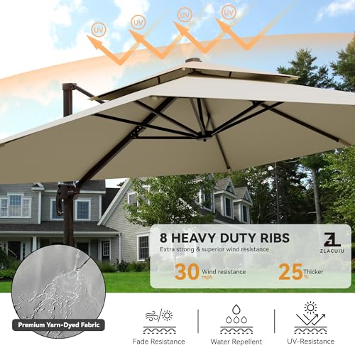 9x12FT Beige Cantilever Outdoor Patio Umbrella with Base, Large Rectangular Offset Design, Double Top Heavy Duty Aluminum Frame & 360° Rotation for Pool Garden Deck Backyard - Image 6