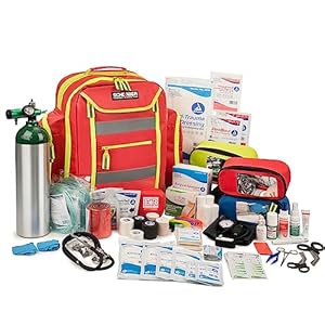 Scherber Fully-Stocked Premium First Responder Backpack | EMT/EMS Medic Trauma & Oxygen Medical Professional Kit | Bag w/ 4 Color-Coded Removable Pouches, O2 Storage, & 250+ First Aid Supplies – Red