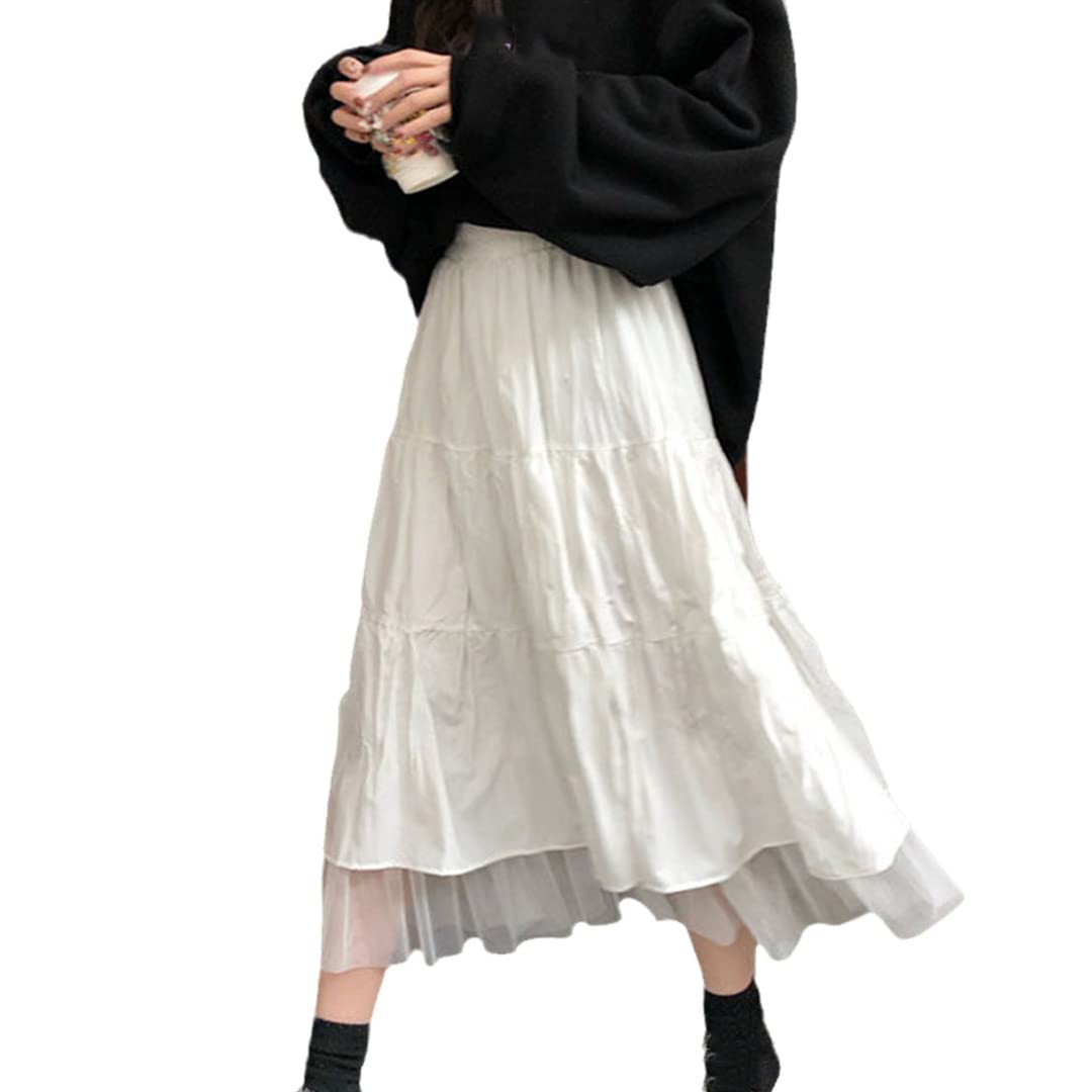 Gonne Lunghe in Tulle da Donna, gonne a Pieghe Elastiche a Vita Alta, gonne Lunghe Femminili White L