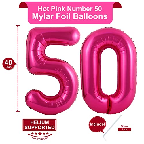 Image of 40 Inch Hot Pink 50 Number Balloons Giant Jumbo Huge 50 Foil Mylar Helium Number Digital Balloons Dark Pink Birthday Mylar Digital Balloons 50th Birthday Parth 50th Anniversary Events Party