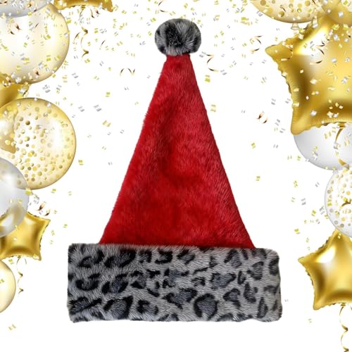 サンタ帽 | スタイリッシュ で 柔らかく 暖かい ヘッドウェア | プラッシュ ヒョウ柄 クリスマスハット | 写真 コスプレ パーティー 新年 家族