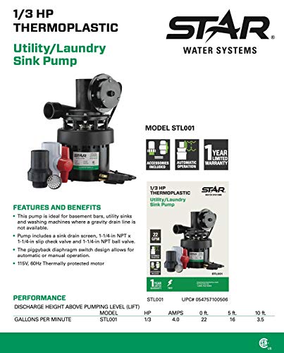 Star STL001 Automatic Utility/Laundry Sink Pump (1/3 HP) Mounts Directly Under Sink Tub, Heavy-Duty Thermoplastic, 115V, Includes Drain Screen, Check Valve & Ball Valve