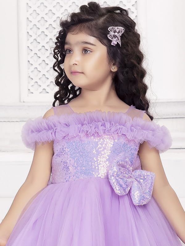 Image of Ministitch Kids Girls Barbi Tail Look Sequence Yoke Net Off Shoulder Party Bithday wear Frock and Dresses