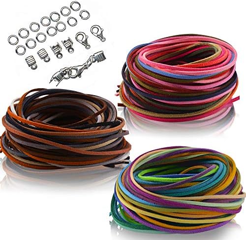 60 Pieces Suede Cords for Jewellery Making, SOSMAR Faux Leather Cord String Rope Thread 3mm X 1m Suede Cord for Making Bracelets Dream Catcher Home DIY Crafts with Cord Ends, Jump Rings, Clasps