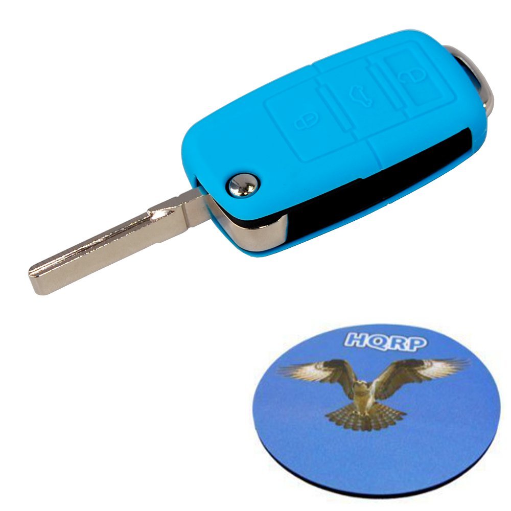 HQRP Folding Flip Key FOB Shell Remote Case w/ 4 Buttons for Jetta 2000-2011, Beetle 2000-2009, Passat 1998-2005, Rabbit 2006-2011, GTI 2006-2011 Plus Azure Silicone Protective Cover Case + Coaster