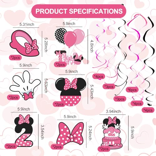 Image of Pink 2nd Birthday Hanging Swirl Decorations,Mouse Birthday Party Ceiling Streamers,Pink Mouse Theme Party Supplies,Party Favors for Girls Kids(38 Pcs)