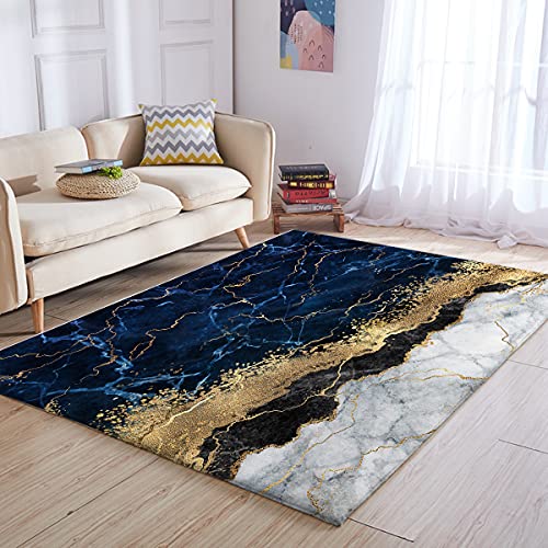 BlessLiving Chic Marble Area Rug Soft 3D White Marble Gilded Navy Blue Floor Mat Trendy Printed Design Reversible Large Carpet for Bedroom Kitchen Living Room, 5' x 8'