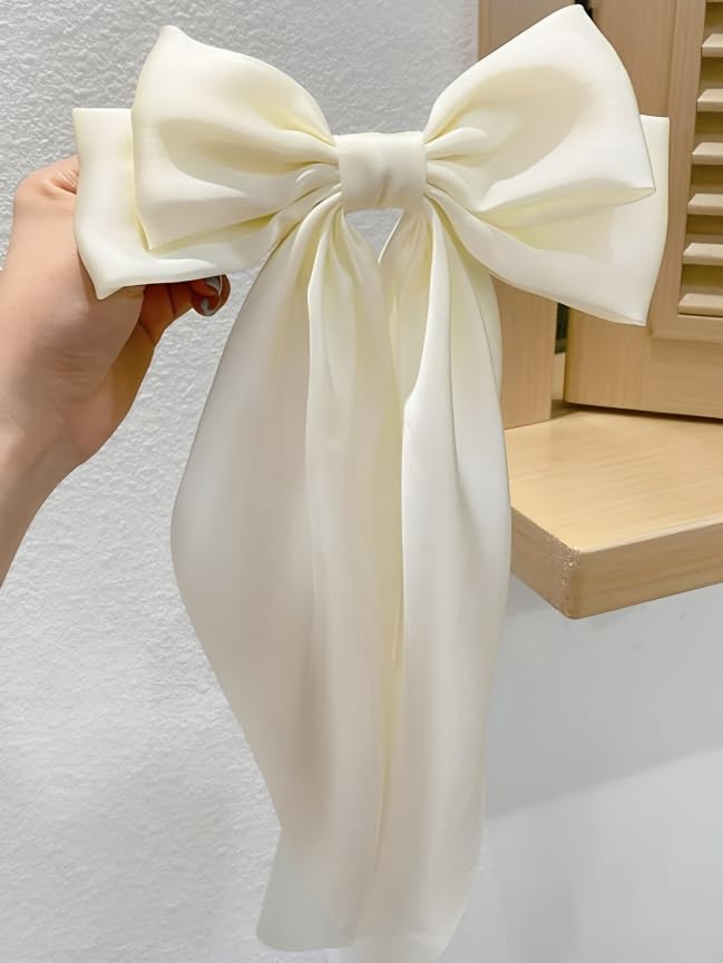 Image of FilterFashion Big Satin Layered Hair Bows for Women Girls 11.5 Inch Barrette Hair Clip Long Back Ribbon Bows French Style Hair Accessories (Cream)