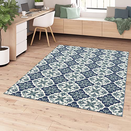 BALTA Tapis Exterieur, Tapis Tissé Plat idéal pour l'Extérieur sur la Terrasse ou à l'Intérieur dans Un Salon - Chambre, Tissage Mécanique Aspect Carreau de Ciment, Polypropylène, 80 x 150 cm, Bleu