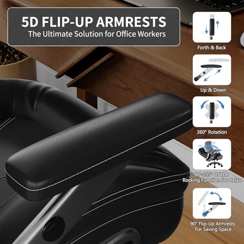 Image of Big and Tall Office Chair, Heavy Duty Desk Chair with 5D Arms, Adjustable Lumbar Support & Height, Tilt Function, PU Leather High Back Ergonomic Executive Computer Chair