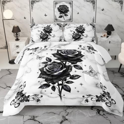 Image of QOOMO Black Flowers Bedding Set, Queen Size