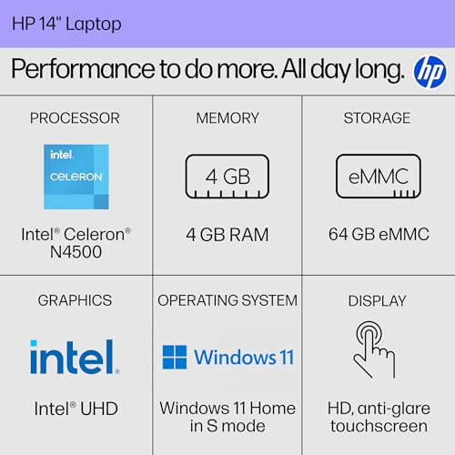 Image of HP 14 inch Laptop, HD Touchscreen Display, Intel Celeron N4500, 4 GB RAM, 64 GB eMMC, Intel UHD Graphics, Windows 11 Home in S Mode, Natural Silver, 14-dq3550nr