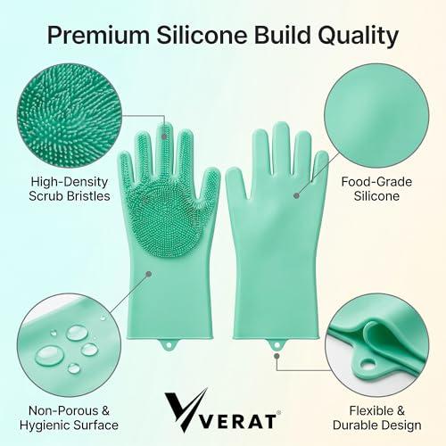Image of Kitchen Dishwashing Gloves for Washing Dishes - Reusable Rubber /Silicone Cleaning Gloves for Kitchen, Bathroom & Car Cleaning - Waterproof Household Hand Gloves for Women, Home Essentials (Green)