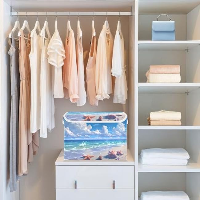 Kigai Beach Shells Foldable Storage Bin Cube Organizer Basket with Flip-Top Lid, Clothes Blanket Box for Home, Office, Closet