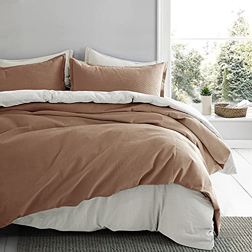 Eikei Pure Cotton Velvet Corduroy Duvet Cover Set Natural Fabric Casual Modern Style Bedding Ribs Striped Reversible Solid Color Relaxed Soft Feel (Mocha, Super King)