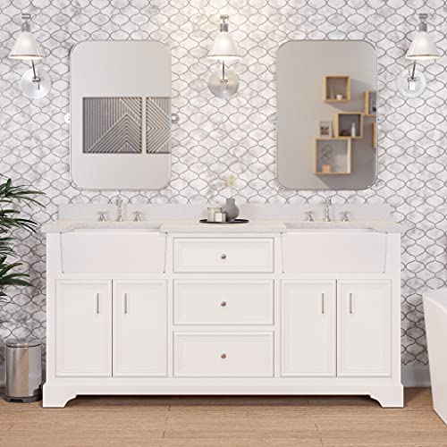 Kitchen Bath Collection Zelda 72-inch Double Farmhouse Vanity (Quartz/White): Includes White Cabinet with Stunning Quartz Countertop and White Ceramic Farmhouse Apron Sinks