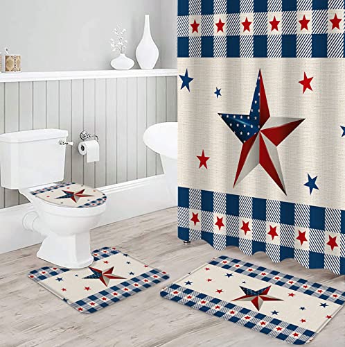 Invisiblewings 4 Pcs Shower Curtain Sets With Rugs, 4Th Of July Patriotic Star Blue Buffalo Plaid Bathroom Sets, Waterproof Non-Slip Shower Curtain U-Shaped Rug Bath Mat Toilet Lid Cover And 12 Hooks #TOP2