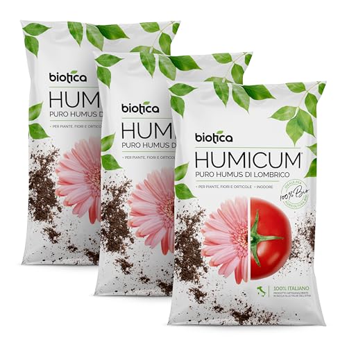 BIOTICA Humus di lombrico 100% biologico italiano HUMICUM - 75 Litri - Fertilizzante 100% Naturale italiano, Terriccio Biologico, Concime per Piante, Fiori e Orto