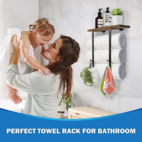 Ranslen Towel Racks Organizer For Bathroom Wall Mounted,Metal Towel Holders With Wooden Shelf 2 Hooks Black Storage Organizer For Large Small Towels,Hand Towels Washcloths Spa Rv Matte Black #TOP3