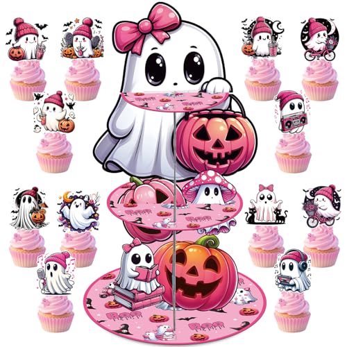 3-Tier Halloween Cupcake Stand and Capcake Toppers, 25PCS Pink Gh...