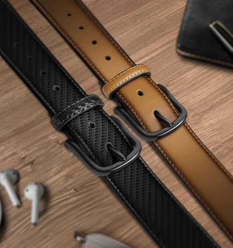 Image of BULLIANT Men Belt 2Pack-Leather Belt 7Holes Comfortable For Men's Dress Casual Jeans 1 3 /8 inch