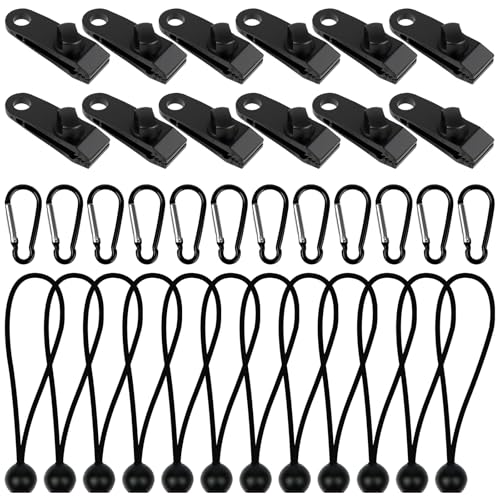 HOTUT Tarp Clips Set, 36 Stück Zeltplane Clips Planenbefestigung, mit 12 Planenklammern, 12 Zelt Bungees Schnüre und 12 Karabiner, Heavy Duty Planenspanner für Camping Vorzelt, Picknick, Wandern