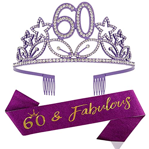 60th Birthday Decorations for Women 60th Birthday Tiara and Sash Perfect Birthday Gifts for Women Purple Sash and Tiara 60 and Fabulous Birthday Sash and Crown for Birthday Party