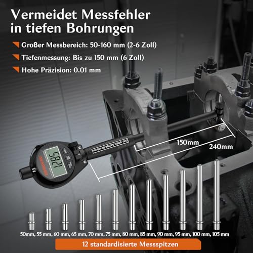 BOBOVAV Digital Bohrungslehre Messuhr Set 50-160 mm, Innendurchmesser Messuhr Präzision 0,01 mm Zylinder Messuhr Metrisch/Zoll Anzeige mit 12 Messspitzen für Formabweichungen