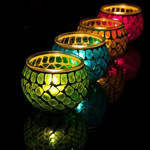 Mosaic Glass Candle Holder Set with 8 Hour Burn Cover