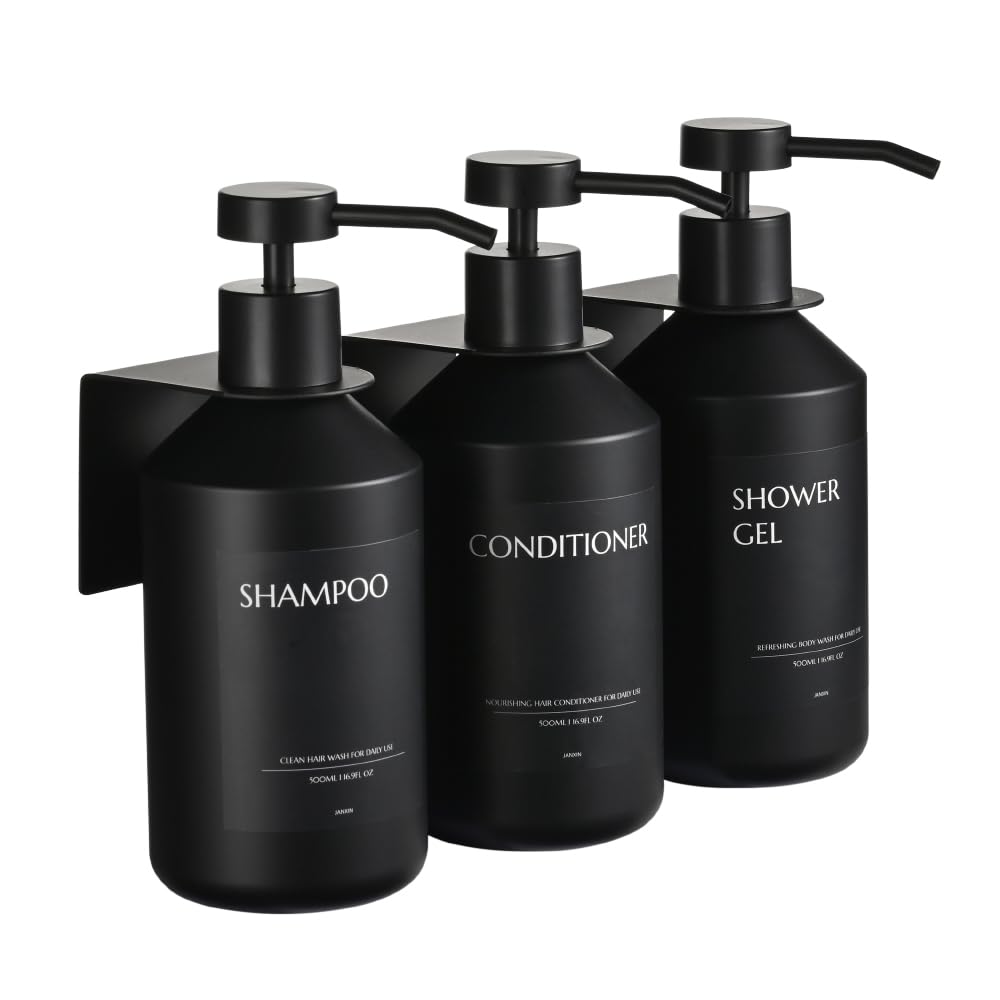 3 Pezzi Shower Soap Dispenser 500 ml Without Drilling, Shower Gel and Shampoo Dispenser, Bath Soap Dispenser for Shampoo Conditioner (Black Bottle + Black Head)