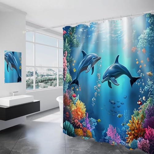 Rideau de douche dauphins imperméable lavable avec 12 crochets - 3
