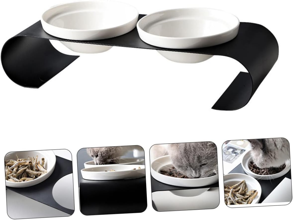 SUPVOX Stable Iron Bracket Design Ceramic Cat Bowl for Dry Snacks Treats Water