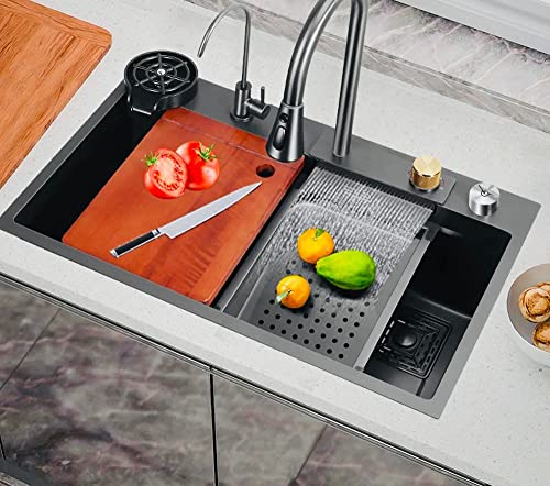 JINBIO CERAMIC Jinbio Kitchen Sink | Quartz Black Stainless Steel | Kitchen Sink | Hand Made Sink L (30 X 18 X 9 Inch) Important Sink