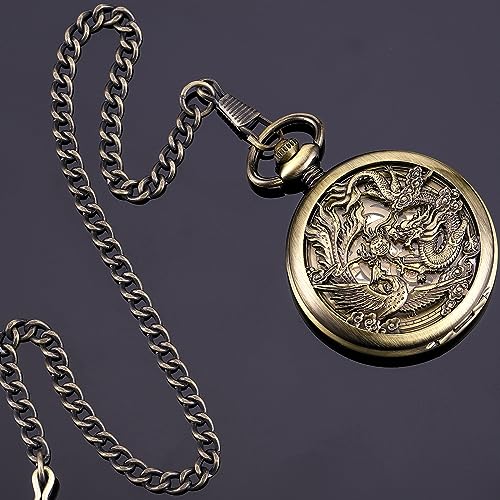 Image of ManChDa Antique Mechanical Pocket Watches for Men Lucky Dragon Phoenix Pocket Watch with Chain Skeleton Dial Roman Numerals Gifts for Fathers Day