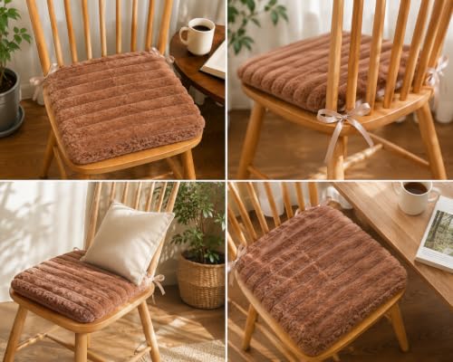 Image of COZY FURNISH Rosy Brown Solid Fluffy Chair Seat Cushions with Ties, 16x16 Inch Faux Fur Dining Chair Pads with Foam Filling, Pack of 2