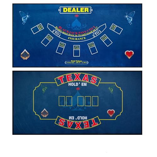 WaLiken 2-in-1 Casino Night Poker Mat 36x72 Double-Sided Texas Holdem & Blackjack Felt Table Cover Non-Slip Steel Clamps Included Perfect for Game Night Home & Casino Parties (Blue)